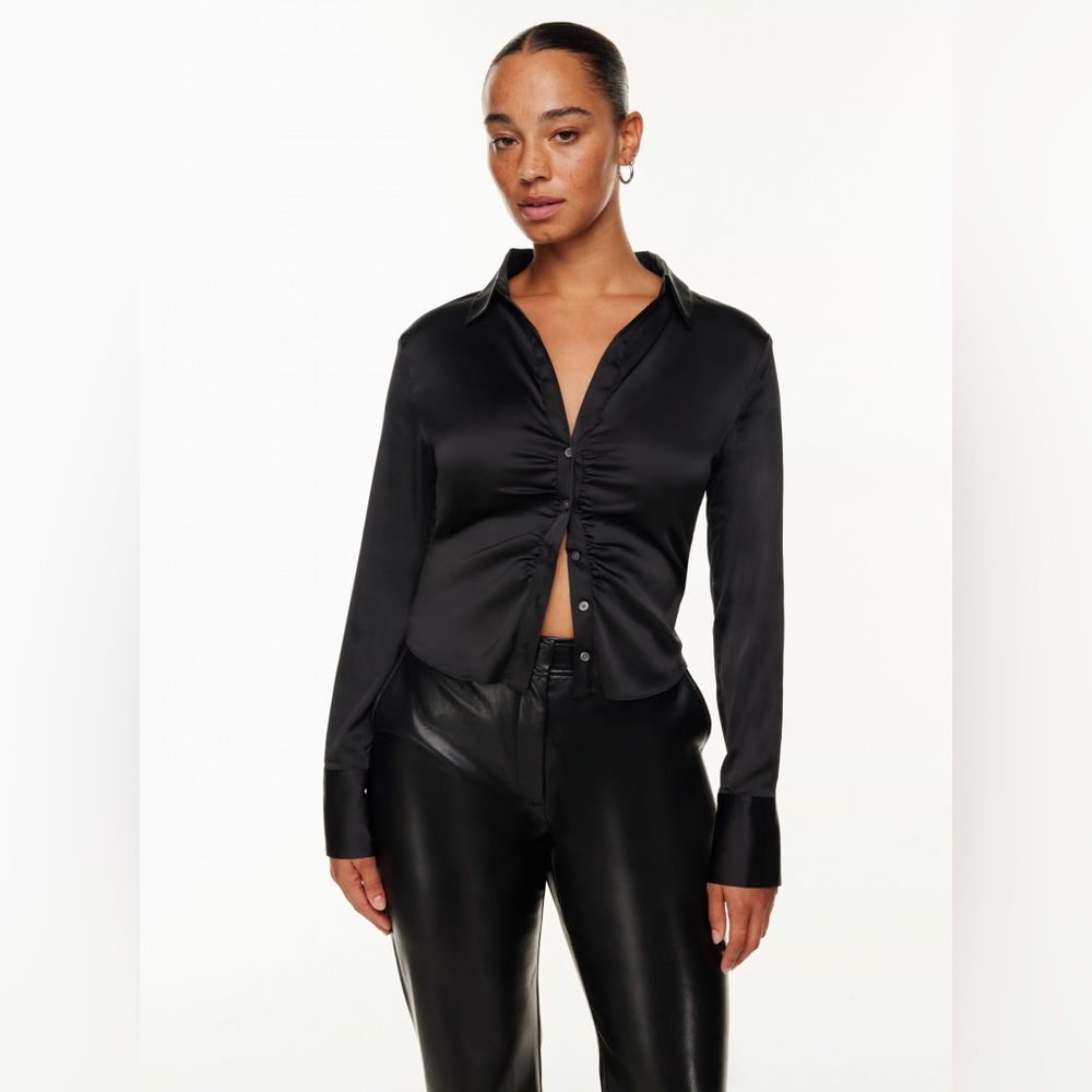 Babaton Leiko satin black long sleeve button front shirt size extra small